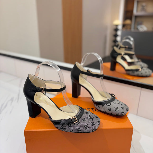 HIGH SANDALS 8 CM IN COOL GRAY MONOGRAM DENIM AND BLACK CALFSKIN