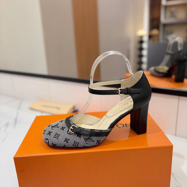 HIGH SANDALS 8 CM IN COOL GRAY MONOGRAM DENIM AND BLACK CALFSKIN