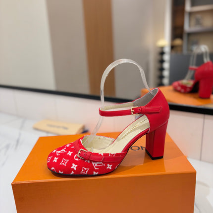 HIGH SANDALS 8 CM IN CHERRY RED MONOGRAM DENIM