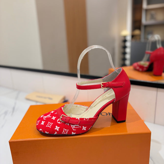 HIGH SANDALS 8 CM IN CHERRY RED MONOGRAM DENIM