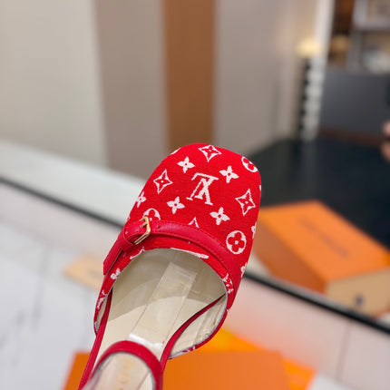HIGH SANDALS 8 CM IN CHERRY RED MONOGRAM DENIM