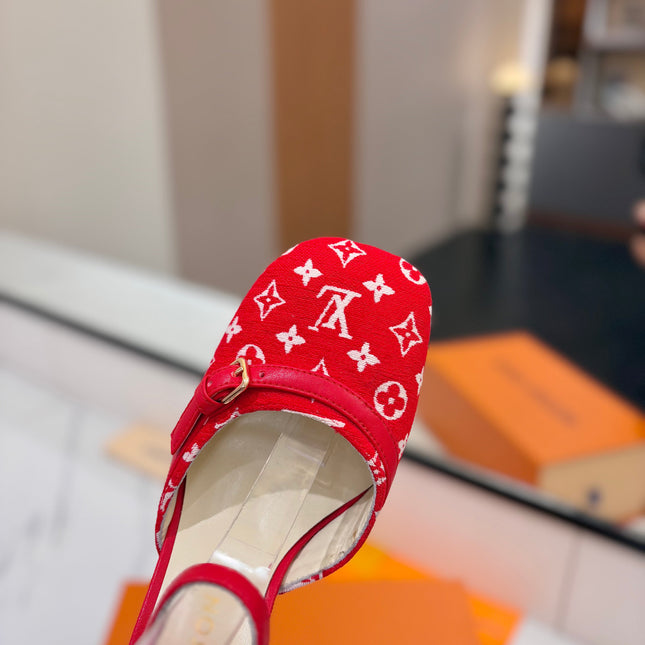 HIGH SANDALS 8 CM IN CHERRY RED MONOGRAM DENIM