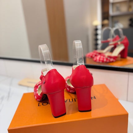 HIGH SANDALS 8 CM IN CHERRY RED MONOGRAM DENIM
