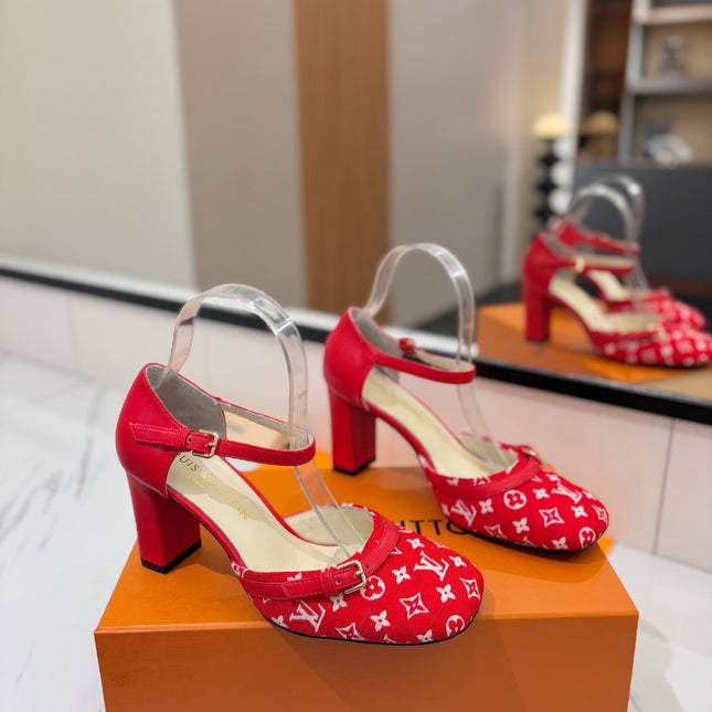 HIGH SANDALS 8 CM IN CHERRY RED MONOGRAM DENIM