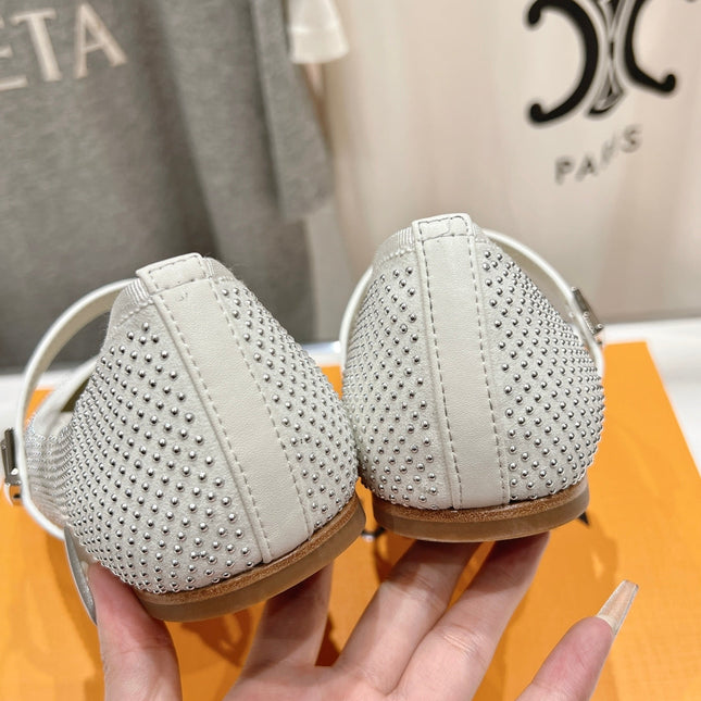ROMY FLAT BALLERINA IN WHITE LAMBSKIN EMBELLISHED SILVER-TONED STUDS