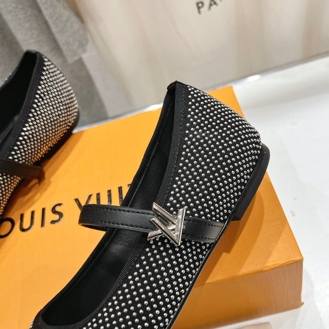 ROMY FLAT BALLERINA IN BLACK LAMBSKIN EMBELLISHED SILVER-TONED STUDS