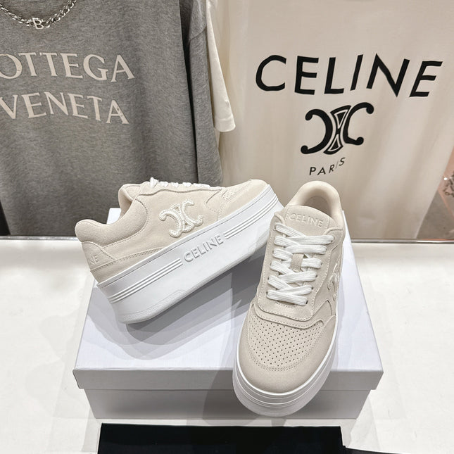 BLOCK SNEAKERS WITH EMBROIDERED TRIOMPHE IN PARCHMENT BEIGE SUEDE