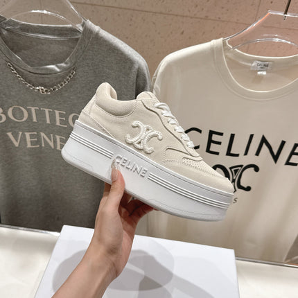 BLOCK SNEAKERS WITH EMBROIDERED TRIOMPHE IN PARCHMENT BEIGE SUEDE