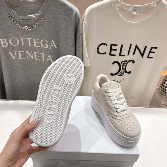 BLOCK SNEAKERS WITH EMBROIDERED TRIOMPHE IN PARCHMENT BEIGE SUEDE