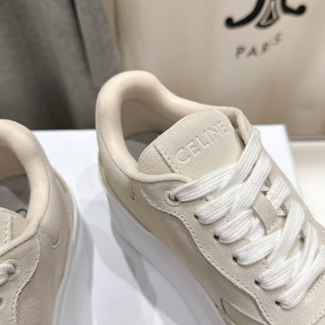 BLOCK SNEAKERS WITH EMBROIDERED TRIOMPHE IN PARCHMENT BEIGE SUEDE