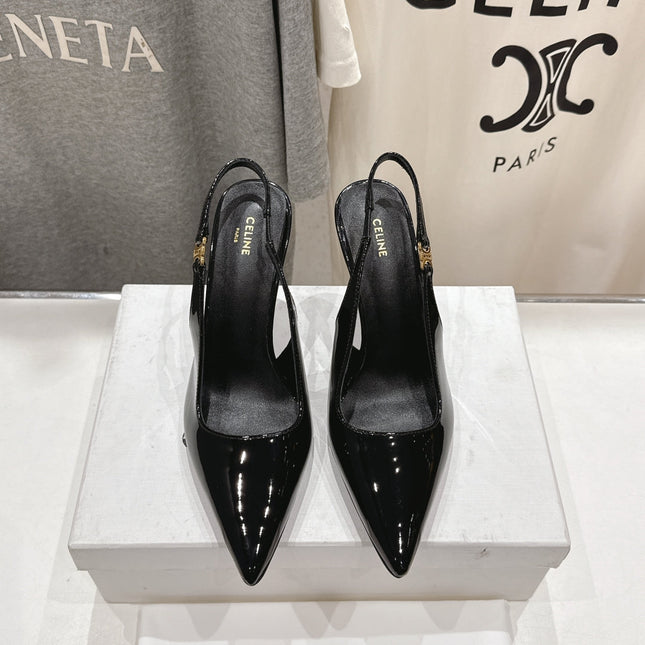 JUDY TRIOMPHE STILETTO SLINGBACK 75MM IN BLACK PATENT CALFSKIN