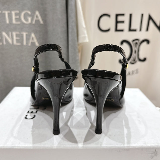 JUDY TRIOMPHE STILETTO SLINGBACK 75MM IN BLACK PATENT CALFSKIN
