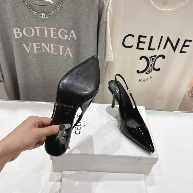 JUDY TRIOMPHE STILETTO SLINGBACK 75MM IN BLACK PATENT CALFSKIN