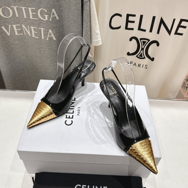 JUDY CAP TOE SLINGBACK 65MM IN BLACK SHINY CALFSKIN AND GOLD SNAKE EMBOSSED LEATHER