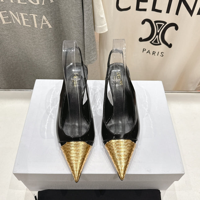 JUDY CAP TOE SLINGBACK 65MM IN BLACK SHINY CALFSKIN AND GOLD SNAKE EMBOSSED LEATHER