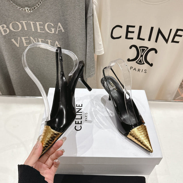 JUDY CAP TOE SLINGBACK 65MM IN BLACK SHINY CALFSKIN AND GOLD SNAKE EMBOSSED LEATHER