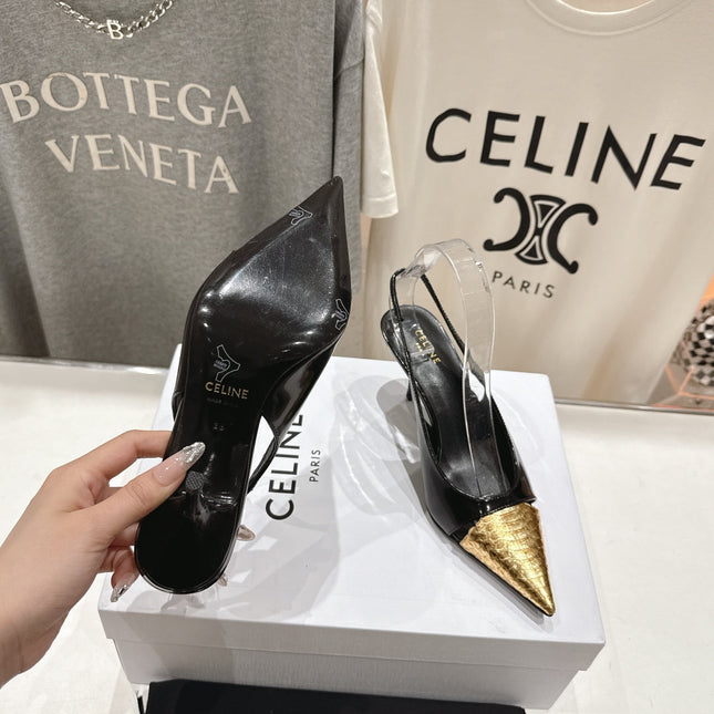 JUDY CAP TOE SLINGBACK 65MM IN BLACK SHINY CALFSKIN AND GOLD SNAKE EMBOSSED LEATHER