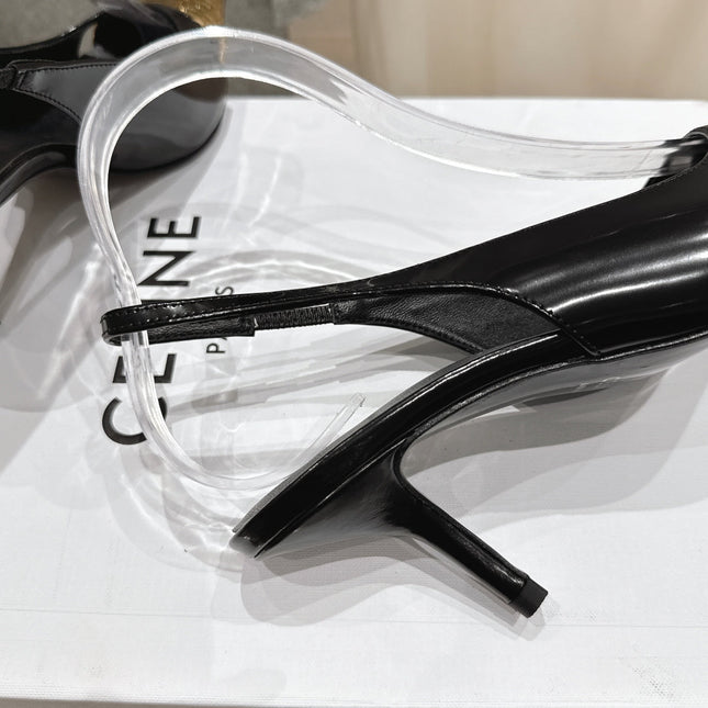 JUDY CAP TOE SLINGBACK 65MM IN BLACK SHINY CALFSKIN AND GOLD SNAKE EMBOSSED LEATHER