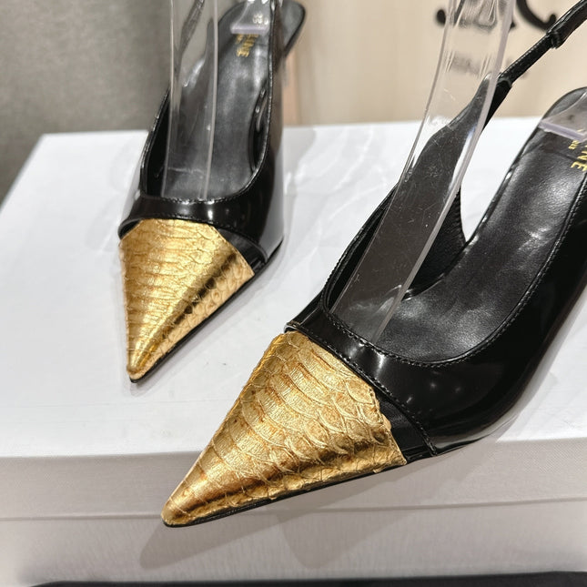 JUDY CAP TOE SLINGBACK 65MM IN BLACK SHINY CALFSKIN AND GOLD SNAKE EMBOSSED LEATHER