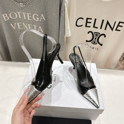 JUDY CAP TOE SLINGBACK 65MM IN BLACK SHINY CALFSKIN AND SILVER SNAKE EMBOSSED LEATHER