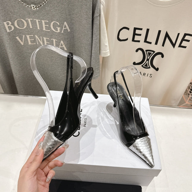 JUDY CAP TOE SLINGBACK 65MM IN BLACK SHINY CALFSKIN AND SILVER SNAKE EMBOSSED LEATHER