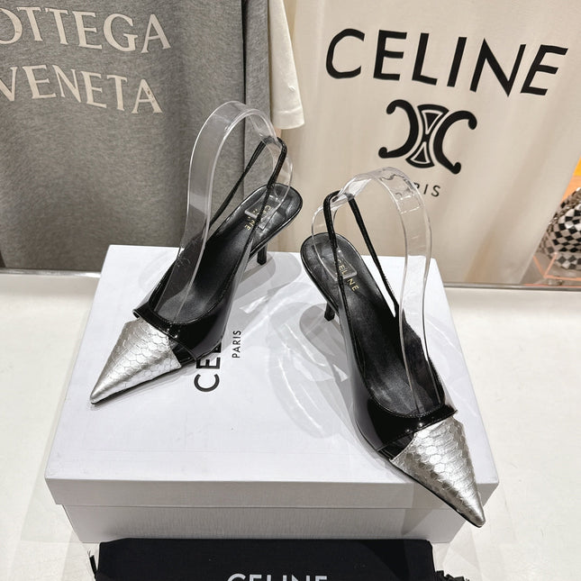 JUDY CAP TOE SLINGBACK 65MM IN BLACK SHINY CALFSKIN AND SILVER SNAKE EMBOSSED LEATHER
