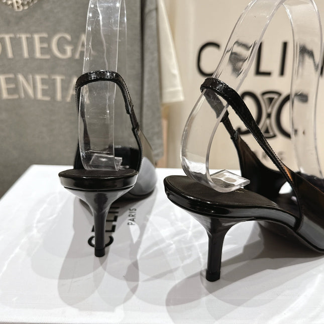 JUDY CAP TOE SLINGBACK 65MM IN BLACK SHINY CALFSKIN AND SILVER SNAKE EMBOSSED LEATHER