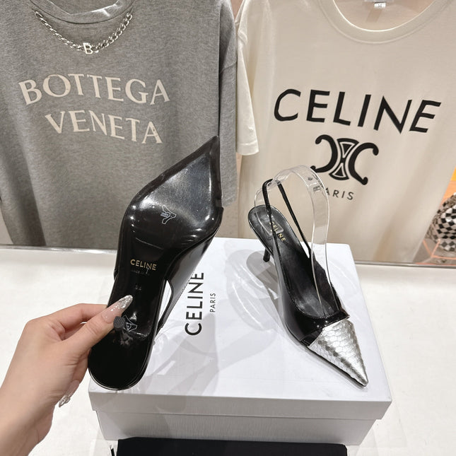 JUDY CAP TOE SLINGBACK 65MM IN BLACK SHINY CALFSKIN AND SILVER SNAKE EMBOSSED LEATHER