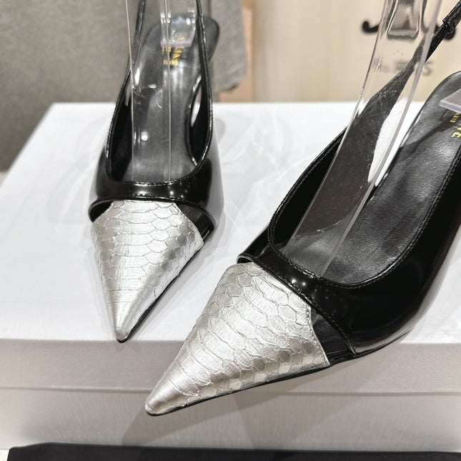JUDY CAP TOE SLINGBACK 65MM IN BLACK SHINY CALFSKIN AND SILVER SNAKE EMBOSSED LEATHER