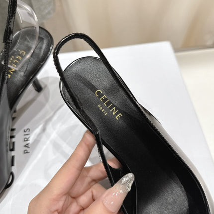 JUDY CAP TOE SLINGBACK 65MM IN BLACK SHINY CALFSKIN AND SILVER SNAKE EMBOSSED LEATHER