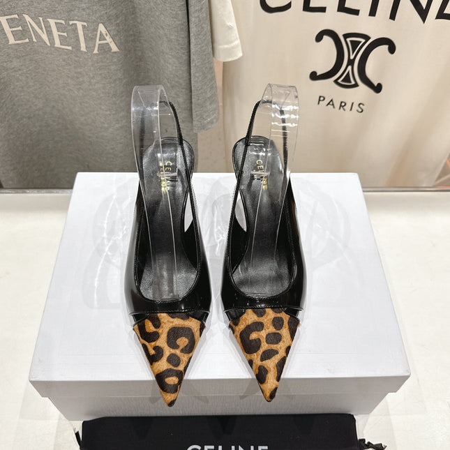 JUDY CAP TOE SLINGBACK 65MM IN BLACK PATENT CALFSKIN AND LEOPARD PRINTED HAIRY CALFSKIN