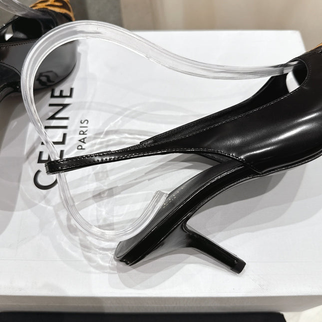 JUDY CAP TOE SLINGBACK 65MM IN BLACK PATENT CALFSKIN AND LEOPARD PRINTED HAIRY CALFSKIN