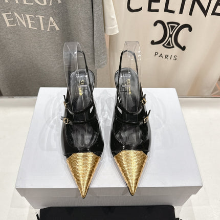JUDY DOUBLE STRAP MARY JANE SLINGBACK 65MM IN BLACK SHINY CALFSKIN AND GOLD SNAKE EMBOSSED LEATHER