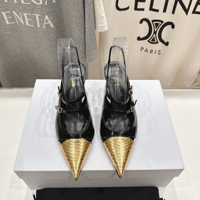 JUDY DOUBLE STRAP MARY JANE SLINGBACK 65MM IN BLACK SHINY CALFSKIN AND GOLD SNAKE EMBOSSED LEATHER