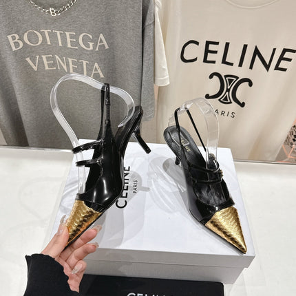 JUDY DOUBLE STRAP MARY JANE SLINGBACK 65MM IN BLACK SHINY CALFSKIN AND GOLD SNAKE EMBOSSED LEATHER