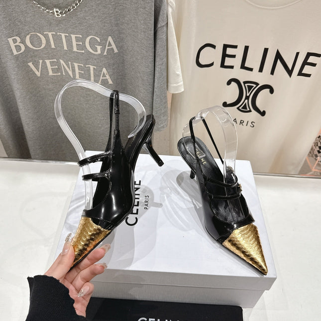 JUDY DOUBLE STRAP MARY JANE SLINGBACK 65MM IN BLACK SHINY CALFSKIN AND GOLD SNAKE EMBOSSED LEATHER