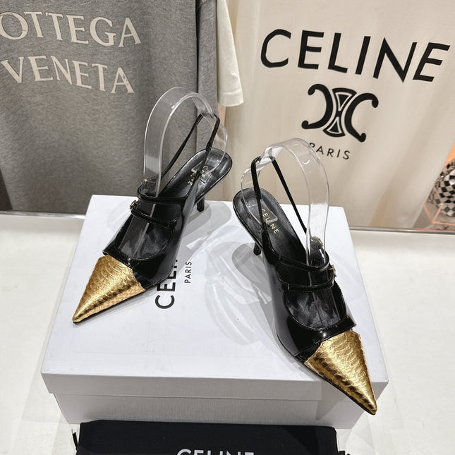 JUDY DOUBLE STRAP MARY JANE SLINGBACK 65MM IN BLACK SHINY CALFSKIN AND GOLD SNAKE EMBOSSED LEATHER