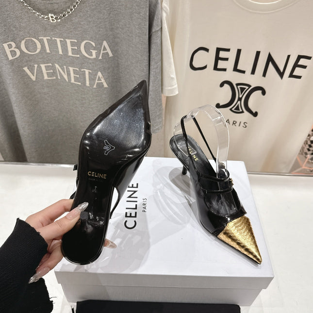 JUDY DOUBLE STRAP MARY JANE SLINGBACK 65MM IN BLACK SHINY CALFSKIN AND GOLD SNAKE EMBOSSED LEATHER