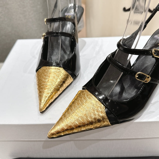 JUDY DOUBLE STRAP MARY JANE SLINGBACK 65MM IN BLACK SHINY CALFSKIN AND GOLD SNAKE EMBOSSED LEATHER