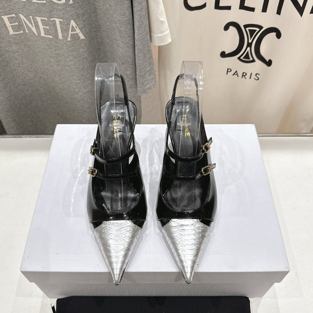 JUDY DOUBLE STRAP MARY JANE SLINGBACK 65MM IN BLACK SHINY CALFSKIN AND SILVER SNAKE EMBOSSED LEATHER