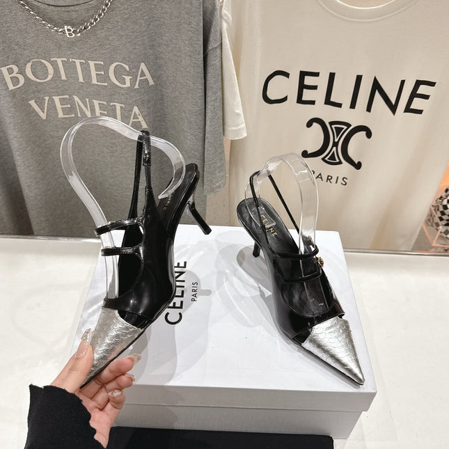 JUDY DOUBLE STRAP MARY JANE SLINGBACK 65MM IN BLACK SHINY CALFSKIN AND SILVER SNAKE EMBOSSED LEATHER