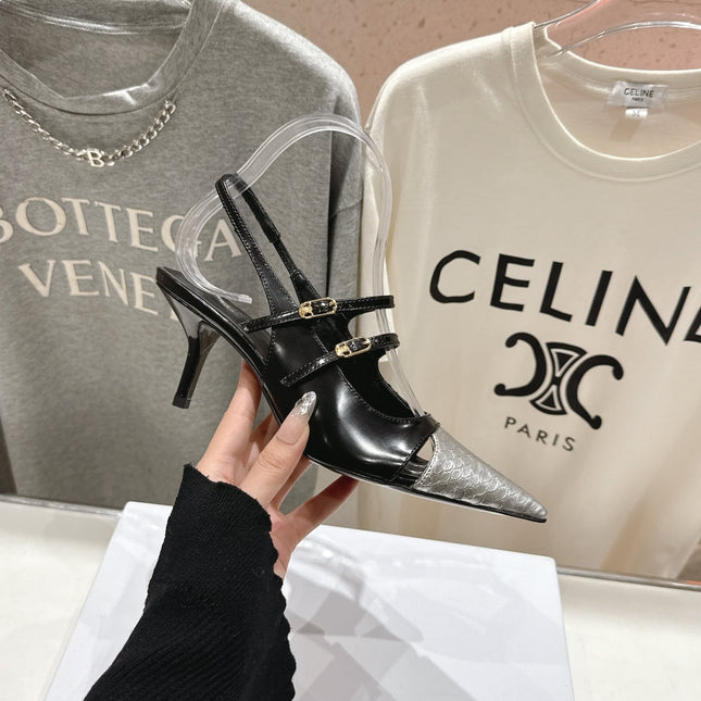 JUDY DOUBLE STRAP MARY JANE SLINGBACK 65MM IN BLACK SHINY CALFSKIN AND SILVER SNAKE EMBOSSED LEATHER