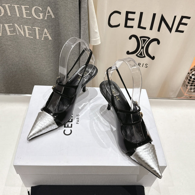JUDY DOUBLE STRAP MARY JANE SLINGBACK 65MM IN BLACK SHINY CALFSKIN AND SILVER SNAKE EMBOSSED LEATHER