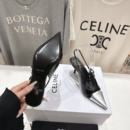JUDY DOUBLE STRAP MARY JANE SLINGBACK 65MM IN BLACK SHINY CALFSKIN AND SILVER SNAKE EMBOSSED LEATHER