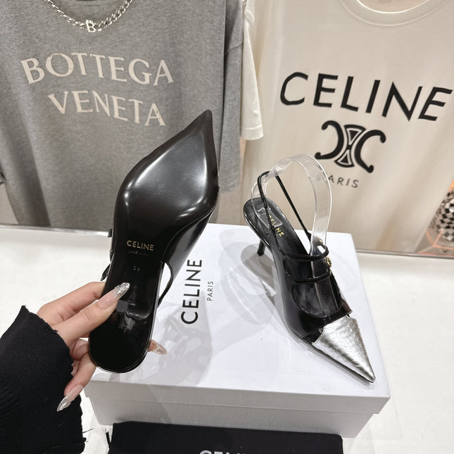 JUDY DOUBLE STRAP MARY JANE SLINGBACK 65MM IN BLACK SHINY CALFSKIN AND SILVER SNAKE EMBOSSED LEATHER