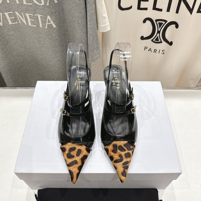 JUDY DOUBLE STRAP MARY JANE SLINGBACK 65MM IN BLACK PATENT CALFSKIN AND LEOPARD PRINTED HAIRY CALFSKIN