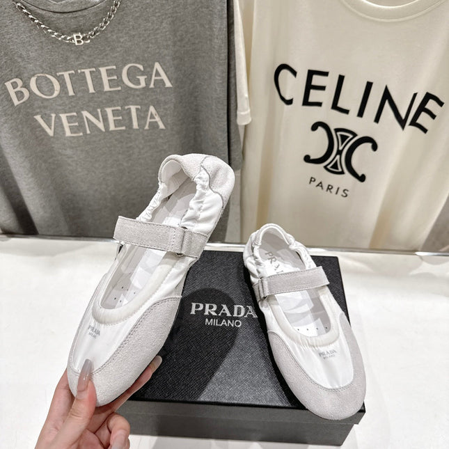 PRADA 25S COLLAPSE RE NYLON AND SUEDE BALLERINAS IN LIGHT GRAY AND CREAM