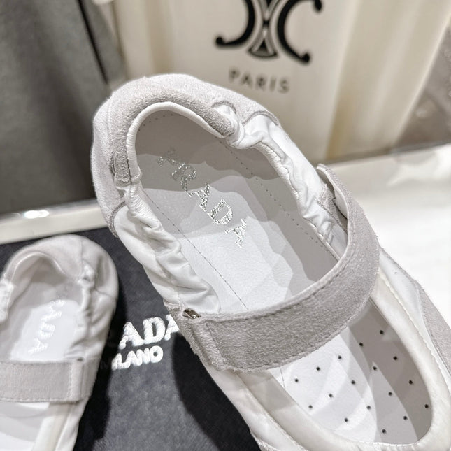 PRADA 25S COLLAPSE RE NYLON AND SUEDE BALLERINAS IN LIGHT GRAY AND CREAM