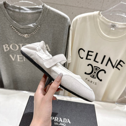 PRADA 25S COLLAPSE RE NYLON AND SUEDE BALLERINAS IN LIGHT GRAY AND CREAM