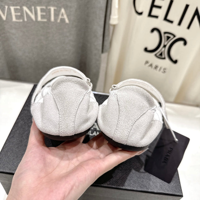 PRADA 25S COLLAPSE RE NYLON AND SUEDE BALLERINAS IN LIGHT GRAY AND CREAM